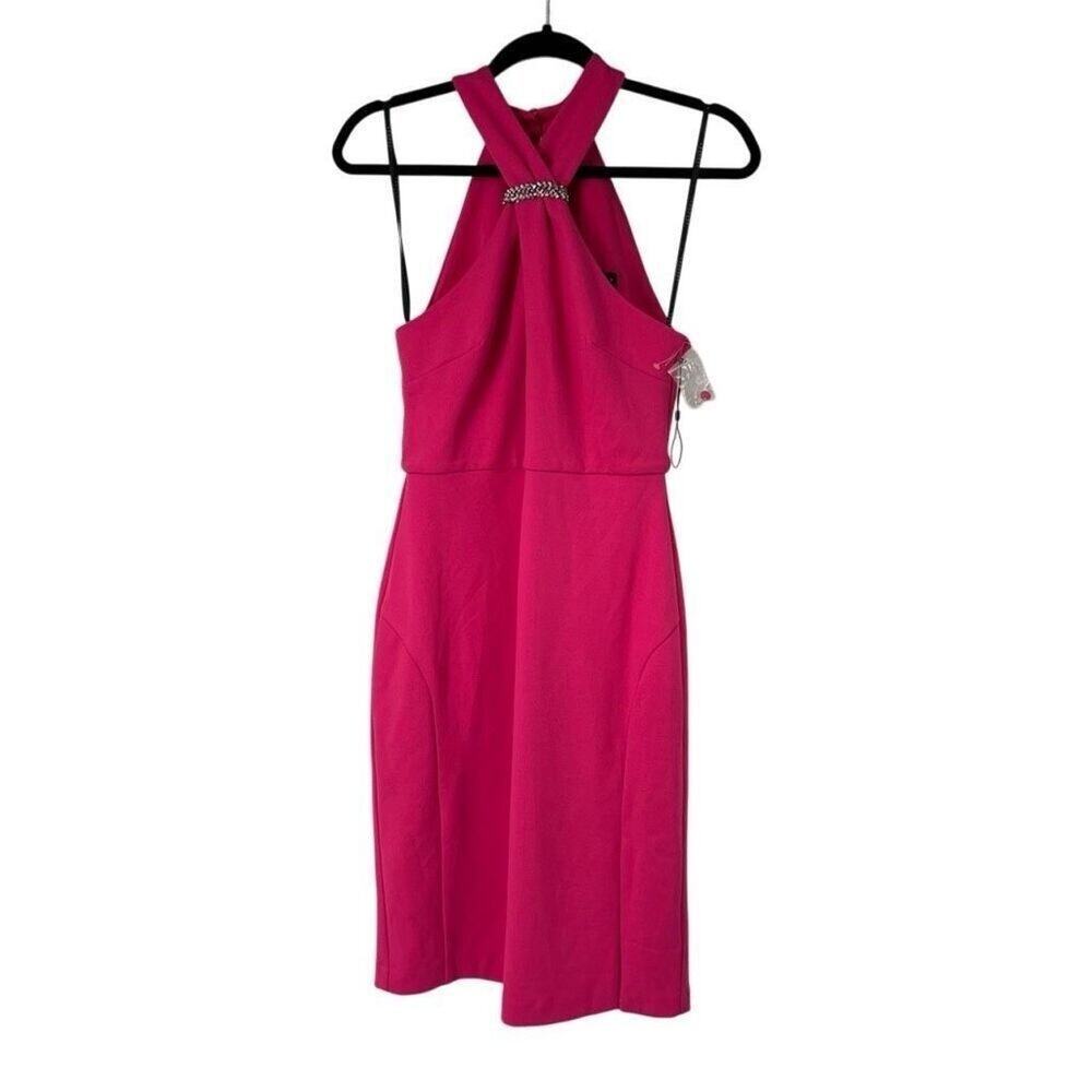 Laundry by Shelli Segal Hot Pink Rhinestone Detail Keyhole Neck Cut Out Party Dr